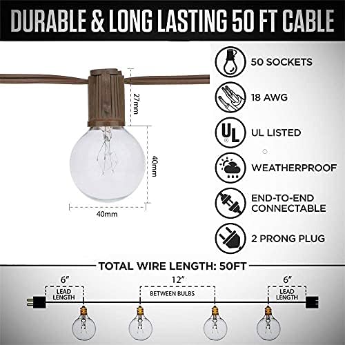 Abeja 50Ft Outdoor Patio String Lights with 53 Clear Globe G40 Bulbs, 5W, 120V,UL Certified for Patio Porch Backyard Deck Bistro Gazebos Pergolas Balcony Wedding Gathering Parties Markets Decor, Brown - Image 2