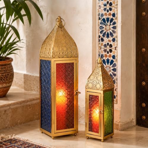 TRIROCKS 2-Pack Moroccan Candle Lanterns 23'' H Metal Vintage Candle Holder with Embossed Colored Tempered Glass Ramadan Lantern for Living Room Garden Yard Patio Parties Events (Gold) by TRIROCKS
