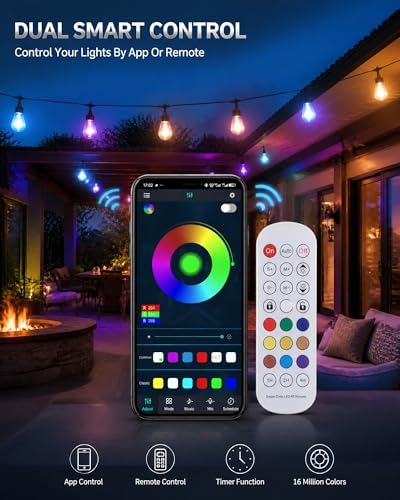 Smart Outdoor String Lights, 100FT(50FTx2) RGBW Color Changing Patio Lights with Remote and APP, Dimmable IP65 Waterproof Shatterproof LED Lights for Backyard Garden Party Decor - Image 6