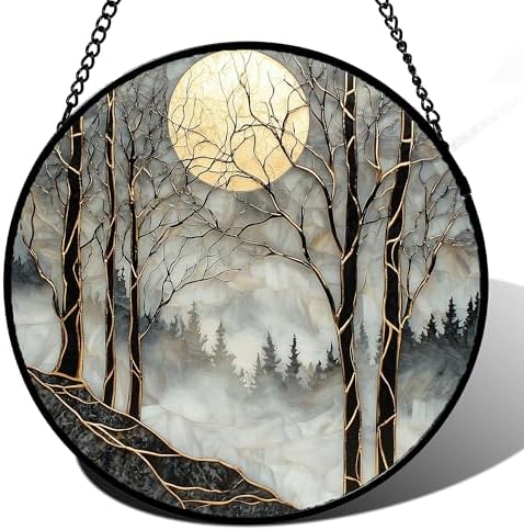Night View of The Forest Stained Glass Window Hanging Gifts for Women 9.8" by amderven