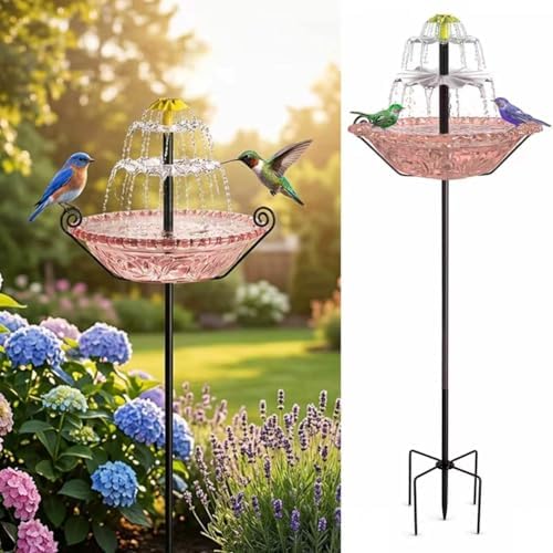 Bird Bath with Solar Fountain for Outside, 1.45 Gal Plastic Bird Bath Bowl with Metal Stake, Outdoor Garden Decor for Yard Patio Lawn (Pink-XL) by wosdy