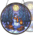 Stained Glass Window Hanging Snowman Lantern and Christmas Forest Sun Catchers Holiday Winter Scene Suncatchers for Living Room Garden Outdoor Indoor and Home Decor (9.8x9.8 in) by Unknown