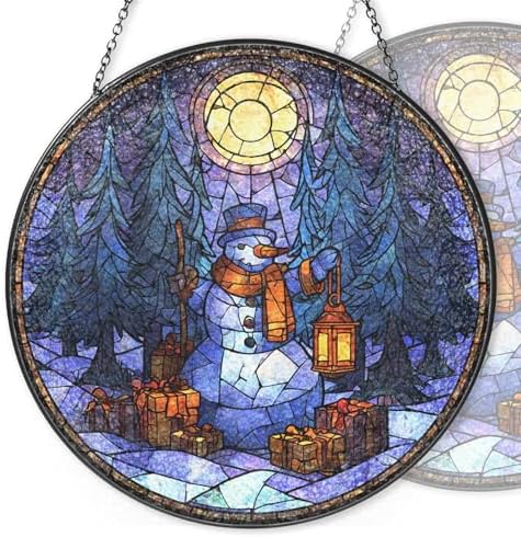 Stained Glass Window Hanging Snowman Lantern and Christmas Forest Sun Catchers Holiday Winter Scene Suncatchers for Living Room Garden Outdoor Indoor and Home Decor (9.8x9.8 in) by Unknown