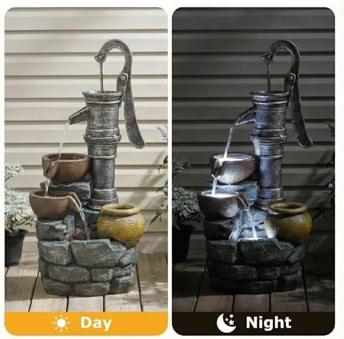 Vintage Hand Pump Water Fountain Outdoor, 32.3" Tall with LED Lights, Natural Stone Look Resin Cascading Water Feature for Patio, Lawn, Backyard & Garden Decor (Vintage Pump Head 32.3" H) - Image 3