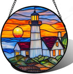 Stained Glass Window Hanging - Sea Lighthouse Suncatcher for Door Terrace Garden Home Decor Sunset Beach Scenery Sun Catcher Birthday Gifts for Lovers Women Men Dad Mom Nana 9.8 in by JOSUMALY