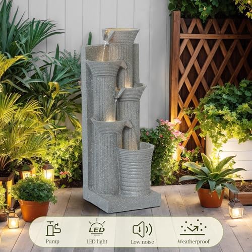 5 Tiered Waterfall Fountains, Bowl Water Fountain with LED Lights, Floor Garden Waterfalls Outside, Modern Cascading Flow Fountain for Garden, Yard, Patio, Home Decor (Light Grey) - Image 5