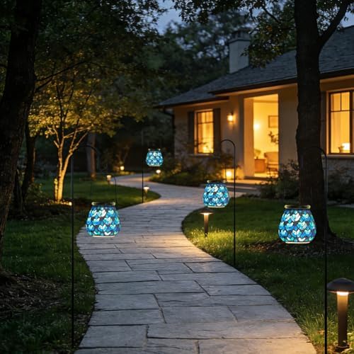Stargarden 4 Pack Mosaic Solar Lanterns, Blue Glass Hanging Lantern - Image 6