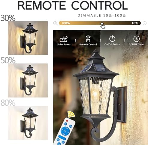 Emliviar Solar Wall Lantern Outdoor, Waterproof Outdoor Sconce Light, Dusk to Dawn LED Exterior Wall Lighting with Water Ripple Glass, Black Finish, 500181-SL SW BK - Image 3