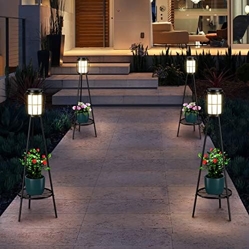 MXwcy 2 Pack Solar Lights Outdoor with Plant Stand, Waterproof Solar Floor Lamp & Tall Metal Planter Holder for Outside, Decorative Tripod Pathway Lantern for Patio, Garden, Porch, Yard Decor - Image 6