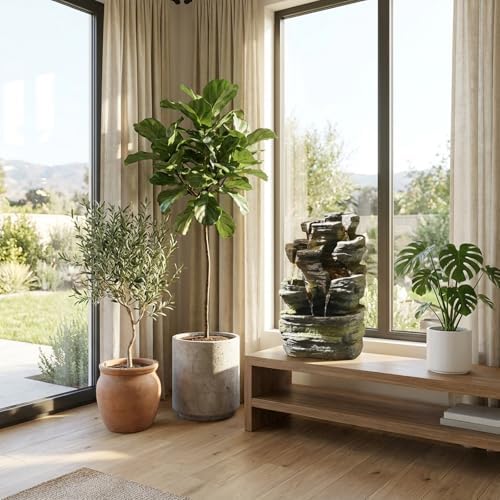 24.2" H Rock Cascading Water Fountain Outdoor&Indoor, 6-Tier Garden Naturefalls Fountains, Floor-Standing Waterfall with Lights for Patio, Backyard, Deck, Porch, Home DéCor, Stone Gray - Image 3