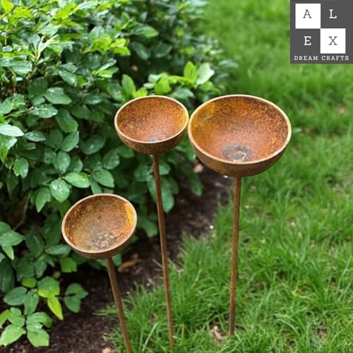 Rustic Metal Rain Catcher Bowl Set of 3 – Weatherproof Outdoor Garden Art, Decorative Iron Bird Bath Stakes, Yard Water Feature, Unique Gift for Nature Lovers - Image 4