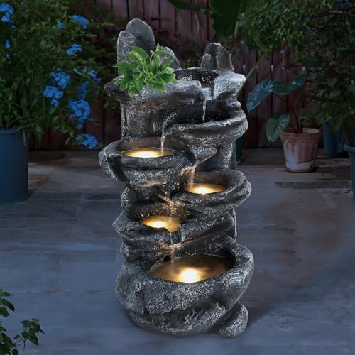 6-Tier Cascading Rock Water Fountain Outdoor Garden Waterfall with LED Lights,Fountain Indoor Decor for Garden, Patio, Backyard, Deck, Porch and Home Art Decor with Natural Stone Look - Image 3