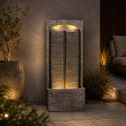39 Inch Slate Textured Wall Water Fountain with LED Lights, Weatherproof Resin Fiberglass Freestanding Cascading Water Feature Out Patio for Backyard Indoor Entryway Decor - Image 7