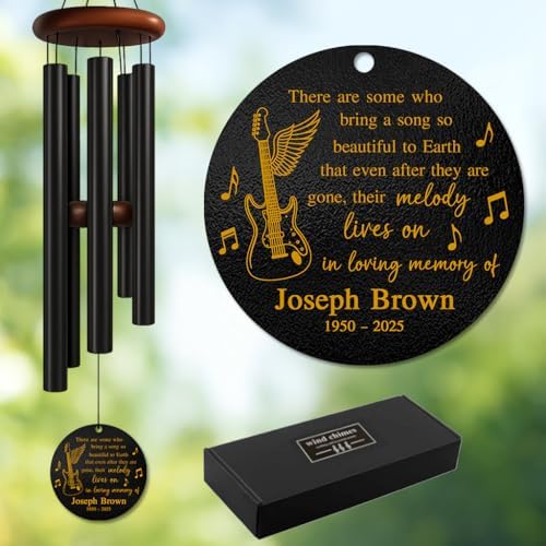 Personalized Guitar Memorial Wind Chime – “Their Melody Lives On” Custom Name & Years Tribute – Music Lover Sympathy Gift for Loss of Loved One – Outdoor Remembrance Windchime for Musicians, Singers by AlpadilCo