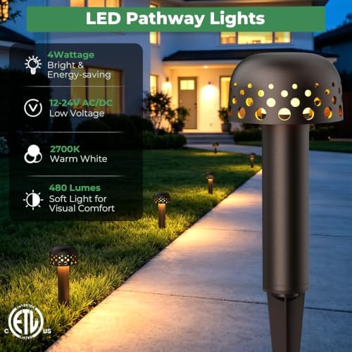 Gardencoin Low Voltage Landscape Pathway Lights, 12V Outdoor Mushroom Decorative Lights, Unique Aluminum Path Lighting with 4W 2700K Replaceable Bulb for Walkway Garden Yard, 6 Pack - Image 2