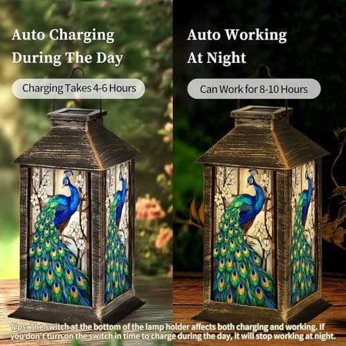 Solar Lantern Stained Glass Vibrant Blue Green Feathers Among White Blossoms Outdoor Waterproof Garden Hanging Lantern Solar Powered Lighting Outside Table Lamp for Patio Deck Camping 1 Pack - Image 3