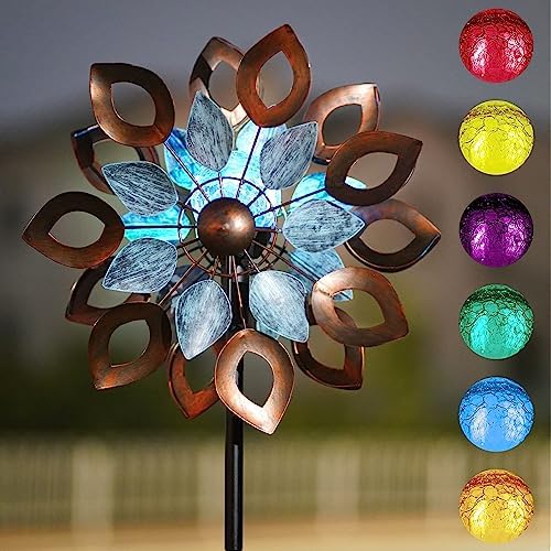 Copper Wind Spinners Outdoor 74 Inches with Solar LED Light, Kinetic Dual Wind Sculptures & Spinners for Yard Lawn Garden Decor, Large Metal Clearance Windmill with Bronze Leaf by CyanOasis