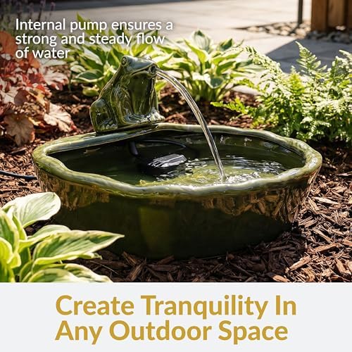 Sunnydaze 7" Ceramic Solar Powered Garden Water Fountain, Frog Spout, Green - Image 2