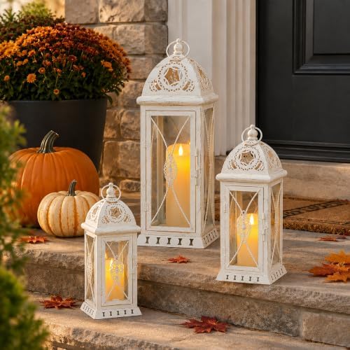 TRIROCKS Set of 3 Large Decorative Candle Lanterns 22''&16"&11" H Vintage Candle Holders for Garden Yard Patio Wedding Parties Events Christmas Indoors Outdoors(Beige with Gold Brush) - Image 2