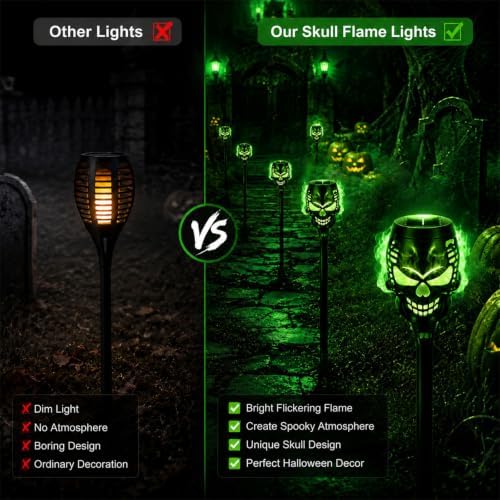 8 Pack Solar Halloween Lights Outdoor, Flickering Flame Skull Torches, Waterproof Purple Solar Lights for Yard, Spooky Skull Pathway Lights for Halloween Outdoor Decorations (Green) - Image 3