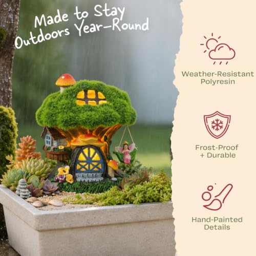 TERESA'S COLLECTIONS Fairy House Solar Light Green Moss Resin Statue 8" - Image 3