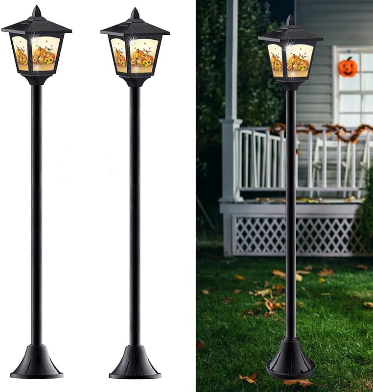 2-Pack 40-Inch Solar-Powered Mini Lamp Post Lights with Jack-O'-Lantern – Vintage Street Lights for Halloween, Thanksgiving & Christmas – Outdoor Solar Garden Lights for Lawn, Pathway, Driveway, Fron by Unknown
