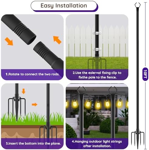 zoegi 4 Pack 10Ft String Light Poles,Light Poles for Outside Lights with Fork,Outdoor Brackets Hanging Lights,Metal Stand for Deck Patio,Backyard,Wedding,Deck,Party (4Pack) - Image 7