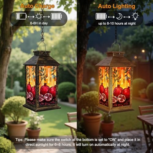 Solar Lantern Outdoor Garden Hanging Lantern Stained Glass Artwork Pomegranates Vibrant Orange Mosaic Waterproof Solar Powered Lighting Outside Table Lamp for Patio Deck Yard Camping - Image 4
