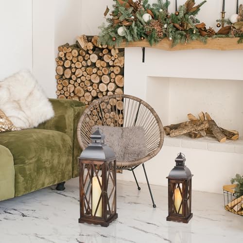 Large Farmhouse Wooden Metal Lantern Set of 2, 30''/22'' H Rustic Decorative Indoor & Outdoor Hanging Candle Lanterns, Wooden Outdoor Lanterns for Patio Front Porch Table, Brown - Image 5