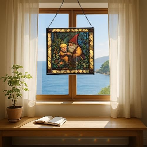 Gnome Mother Tending Her Child Stained Glass Suncatcher – Square Hanging Window Panel for Home, Garden, Nursery, Halloween, Christmas, Memorial Day – Whimsical Glass Art Gift for Gnome Lovers fsm36f - Image 6