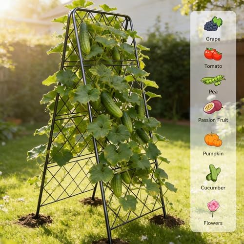 50"x17" Heavy Duty Metal Garden Trellis - Rust-Proof A-Frame Cucumber Trellis with High-Density Rhombus SteelGrats for Climbing Plants, Tomatoes & Raised Beds, Outdoor Use (2 Pack) - Image 3