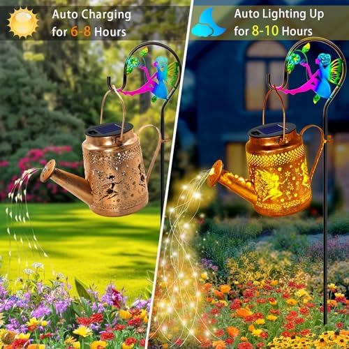 Fariy Solar Lights Outdoor Waterproof, Solar Watering Can Lights with Shepherd Hook, Metal Angel Hanging Lantern Garden Decor Yard Outside Patio Lawn, Gifts for Mom Grandma Women Birthday - Image 4
