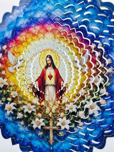 Shwing Wind Spinner 12 Inch Jesus Sacred Heart Wind Spinner Hanging Wind Sculptures Christian Faith Decor Cross Dove Metal Ornament Outdoor Kinetic Garden Art for Patio Porch Garden Decoration - Image 2