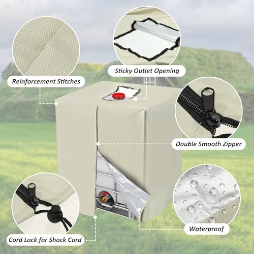 MECCANIXITY Zipper IBC Tote Cover 275 Gallon, 420D Heavy Oxford Waterproof Sunshade Rain Barrel Water Tank Protective Cover for 1000L Outdoor Garden, (39.37 x 47.24 x 45.66 Inch, Beige) - Image 3