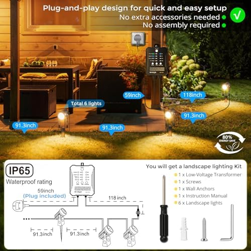 Plug and Play Low Voltage Landscape Lighting Kit, 6-Pack Wired Landscape Lights with Transformer, Warm White Waterproof Outdoor LED SpotLights for Yard, Garden, Pathway, Tree - Image 3