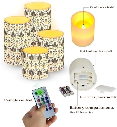 Set of 4 Flameless Candles Bulk with Timer Damask Pattern White LED Candles with Remote Color Changing for Outdoor Porch Battery Operated Electric Fake Plastic Pillar Lights - Image 2