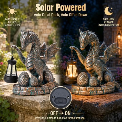 Solar Dragon Statue - Weatherproof Resin Dinosaur Figurine Holding Black Solar Lantern, Distressed Bronze Finished Dragon Decor with Egg for Outdoor Garden Yard Patio Pathway Balcony - Image 4