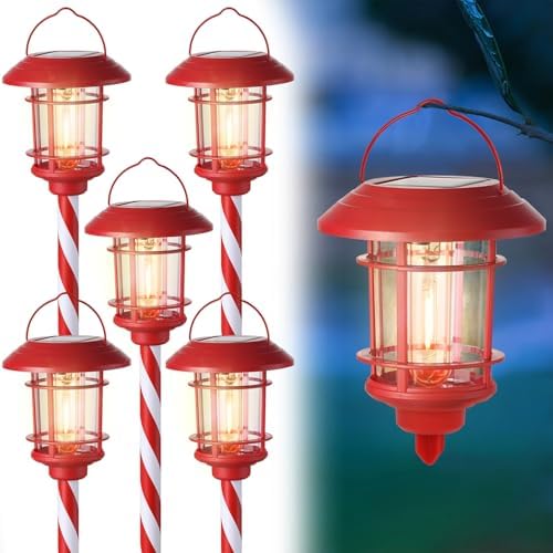 Dynaming 6 Pack Dual Use Solar Christmas Path Lights Outdoor, Hanging Lantern Solar Garden Light with Edison Bulb, Xmas Pathway Markers, Auto On/Off Candy Cane Lights for Patio Yard Walkway Driveway by Dynaming