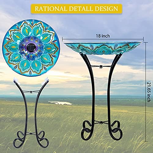 Glass Bird Bath Outdoor with Metal Stand Solar BirdBath Feeder Garden Decor - Image 3