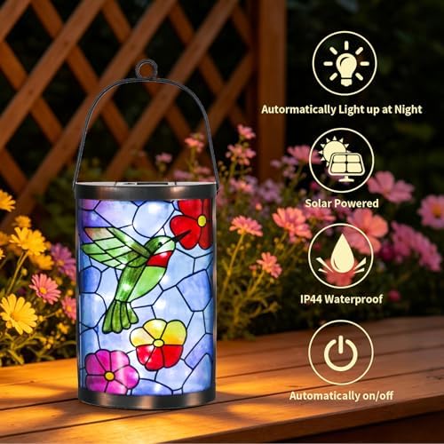 MUMTOP Hummingbird Solar Lantern Decor, Hanging Glass Outdoor Garden Light - Image 3