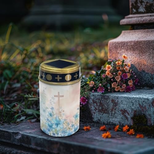 Poceacles Cross Solar Lights Outdoor Cemetery Solar Decorations for Grave Outdoor Waterproof Decorative Flameless LED Candle for Garden Yard Lawn Outdoor Decor, Blue Flower Cross, Pack of 4 - Image 3