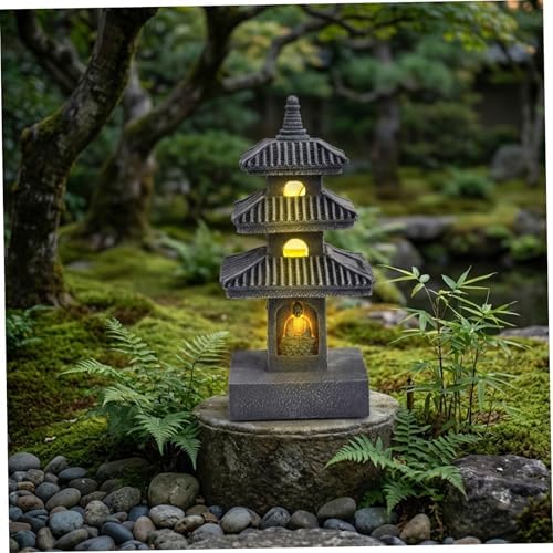 Japanese Lantern Pagoda Garden Statue, 10 Inch Weatherproof Solar Garden Decor, LED Light Zen Japanese Lantern for Backyard Balcony Patio Lawn Yard, Grey - Image 5