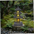 Japanese Lantern Pagoda Garden Statue, 10 Inch Weatherproof Solar Garden Decor, LED Light Zen Japanese Lantern for Backyard Balcony Patio Lawn Yard, Grey - Image 5