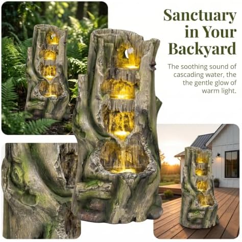 23.62 Inch Outdoor Water Fountain, Tree Stump Resin Cascading Water Feature with Warm LED Lights, Quiet Pump for Patio Garden Porch - Image 5