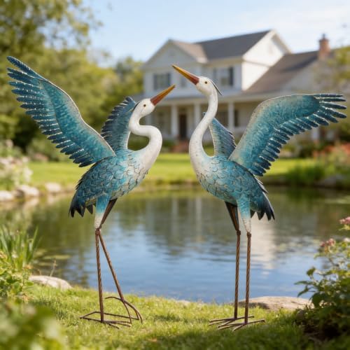 chisheen Garden Statue Outdoor Metal Heron Crane Yard Art Sculpture for Lawn Patio Backyard Decoration,46 inch (2-Pack) (White&Blue) by Chisheen