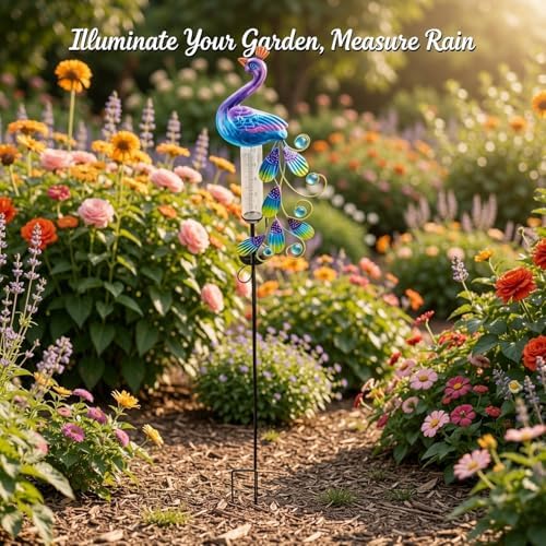 40.2 in Outdoor Solar Powered Garden Peacock Rain Gauge Stake Light, Elegant Metal Peacock Garden Light, Solar Lamp with Jewel Accents for Yard Art Decor - Image 3