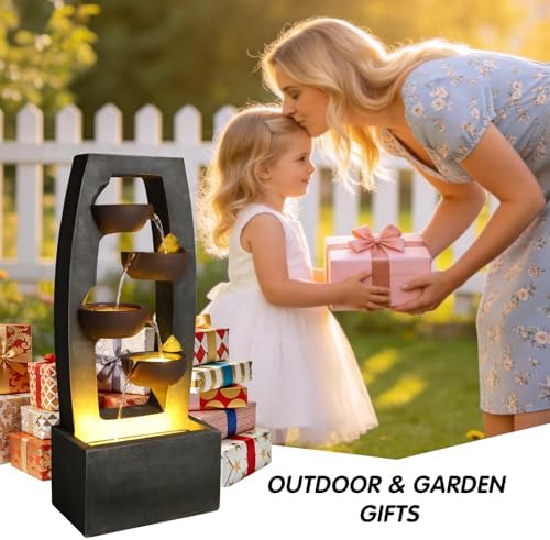 37.6" Outdoor Rock Water Fountain, Small Outdoor Fountain with Lights, 4-Tier Cascading Bowl Design Garden Water Feature, Modern freestanding Fountain for Patio Backyard Porch - Image 7