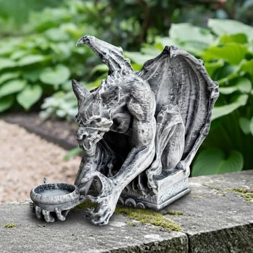 OLOMA Guardian Gargoyle Hold Bowl Concrete Statue Handmade Outdoor Gothic Fantasy Sculpture Cement Bird Feeder Mythical Creature Yard Ornament Patio Lawn Porch Decor Weather Resistant Cement Figure - Image 5