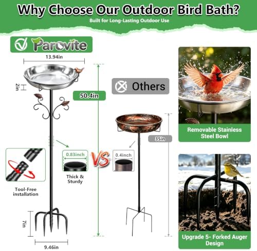 50" Tall Stainless Steel Bird Bath for Outside, Bird Water Feeder - Image 6