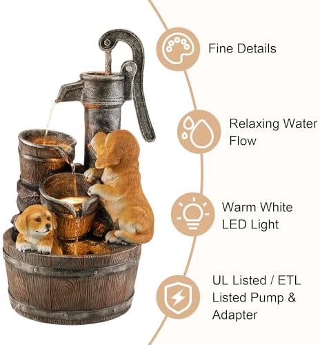 Glitzhome Water Fountain Outdoor, Outdoor Fountain with Lights & Pump, 23.75" H Cute Dog Playing Around The Water Polyresin Cascading Waterfall Floor Standing Water Feature for Garden, Patio - Image 3